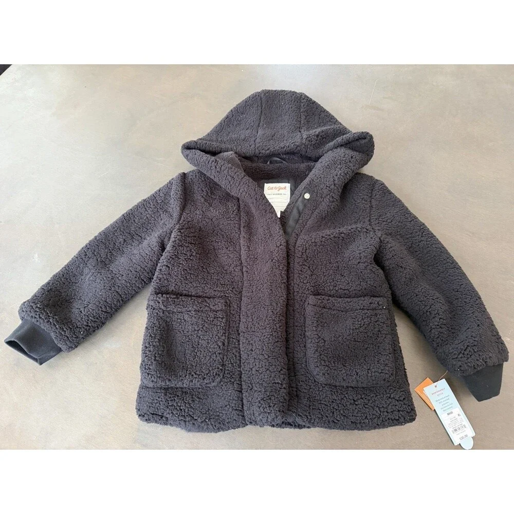 Girls' Faux Shearling Jacket Cat & Jack Black size M jacket coat hooded cozy top